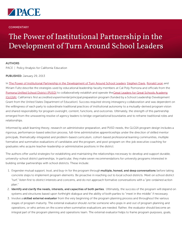 The Power of Institutional Partnership in the Development of Turn Around School Leaders PDF