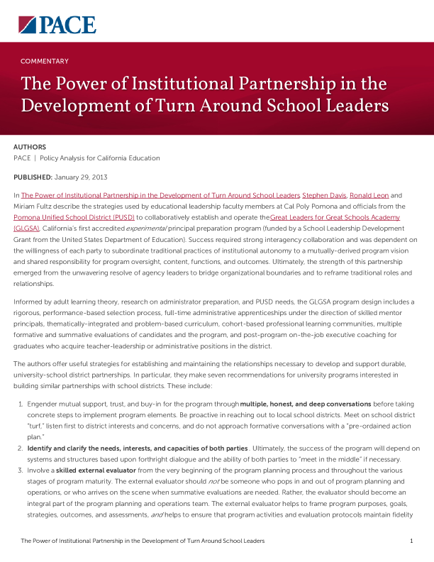 The Power of Institutional Partnership in the Development of Turn Around School Leaders PDF