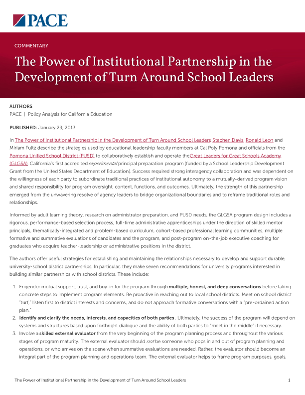 The Power of Institutional Partnership in the Development of Turn Around School Leaders PDF