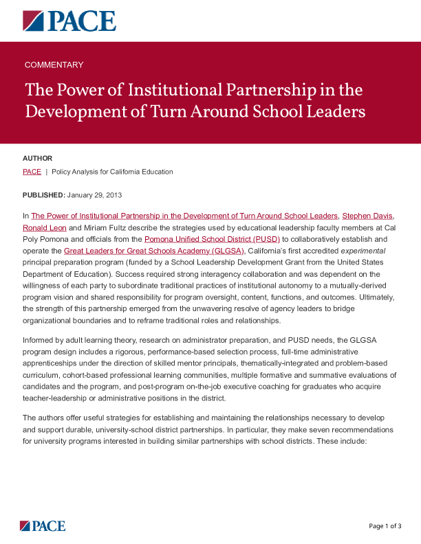 The Power of Institutional Partnership in the Development of Turn Around School Leaders PDF
