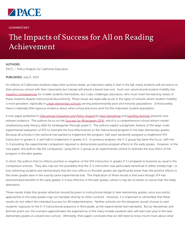 The Impacts of Success for All on Reading Achievement PDF