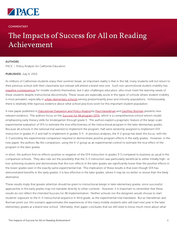 The Impacts of Success for All on Reading Achievement PDF