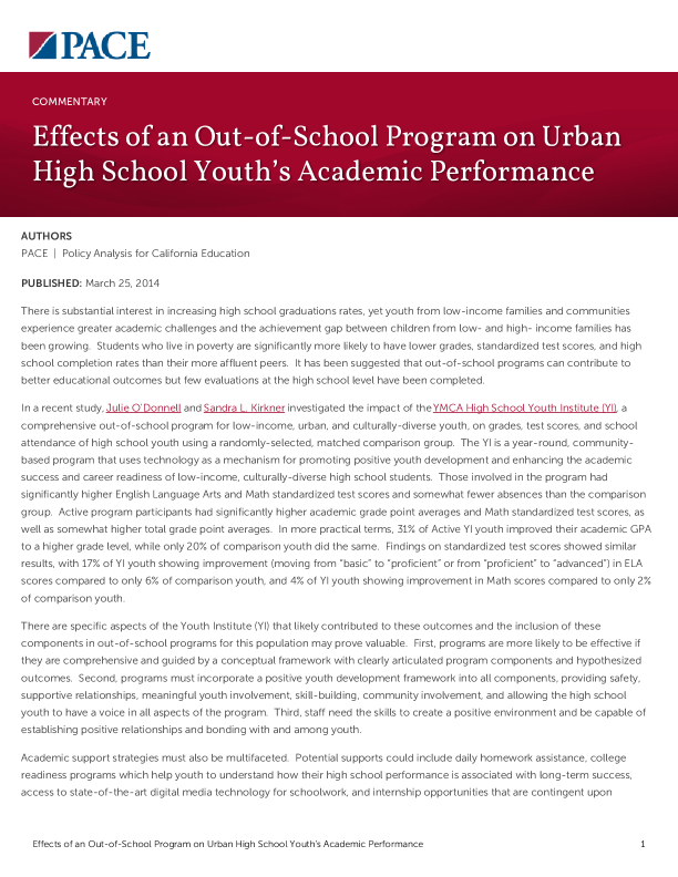Effects of an Out-of-School Program on Urban High School Youth’s Academic Performance PDF
