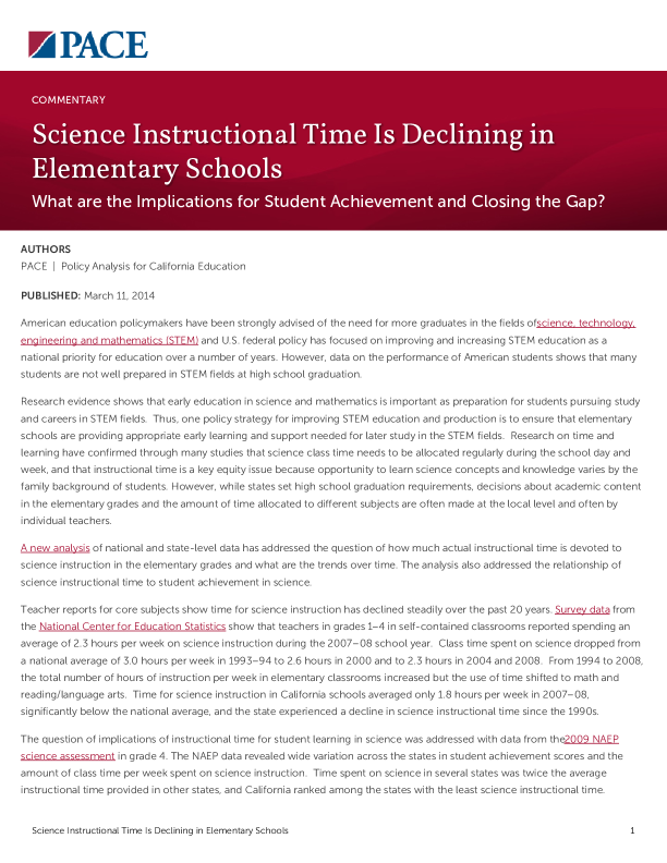 Science Instructional Time Is Declining in Elementary Schools PDF