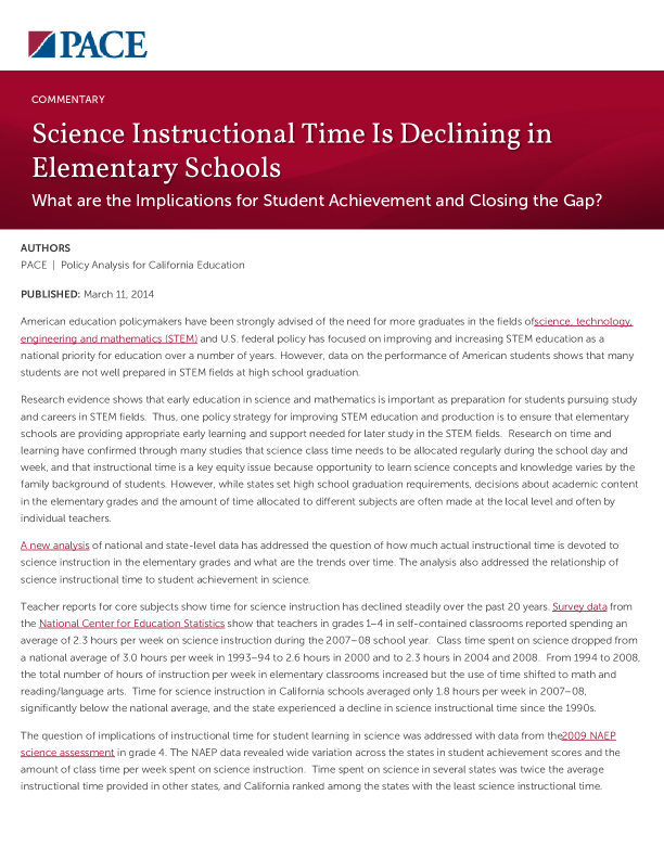 Science Instructional Time Is Declining in Elementary Schools PDF
