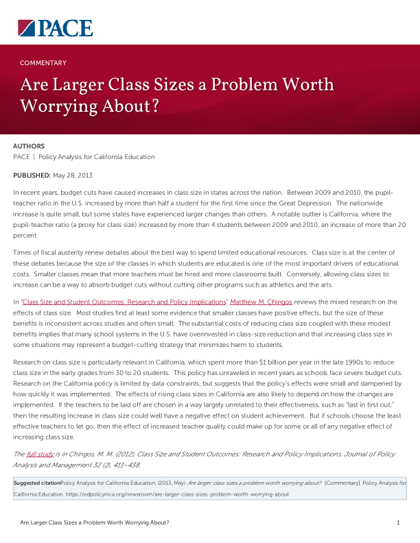 Are Larger Class Sizes a Problem Worth Worrying About? PDF