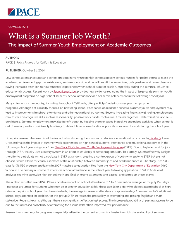 What is a Summer Job Worth? PDF