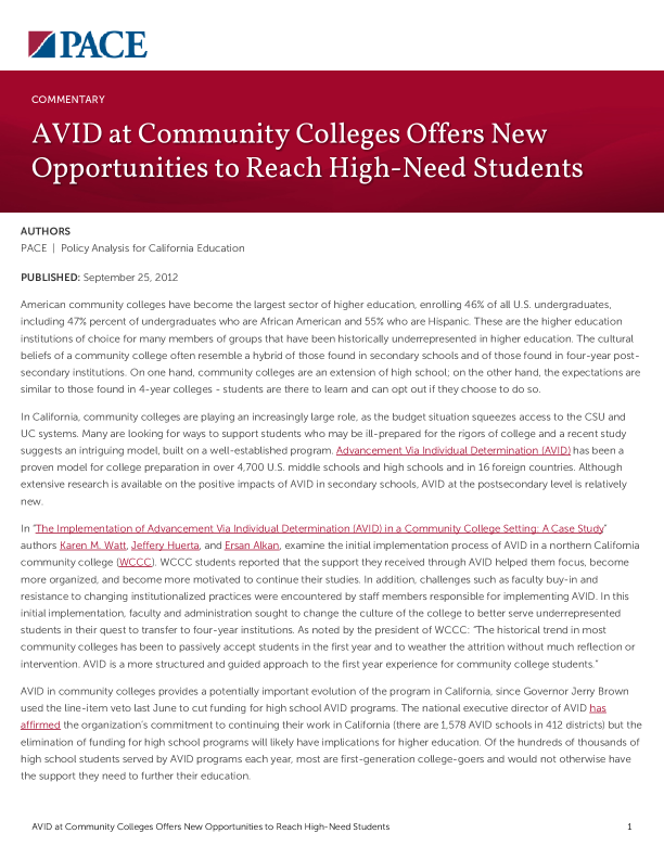 AVID at Community Colleges Offers New Opportunities to Reach High-Need Students  PDF
