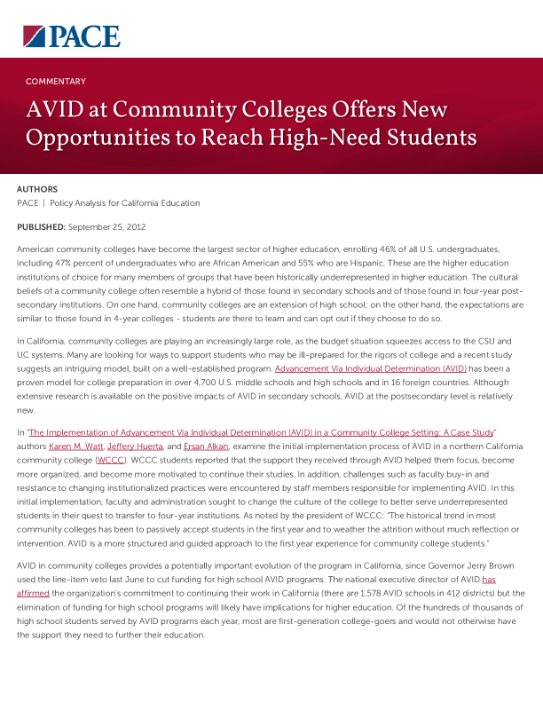 AVID at Community Colleges Offers New Opportunities to Reach High-Need Students  PDF