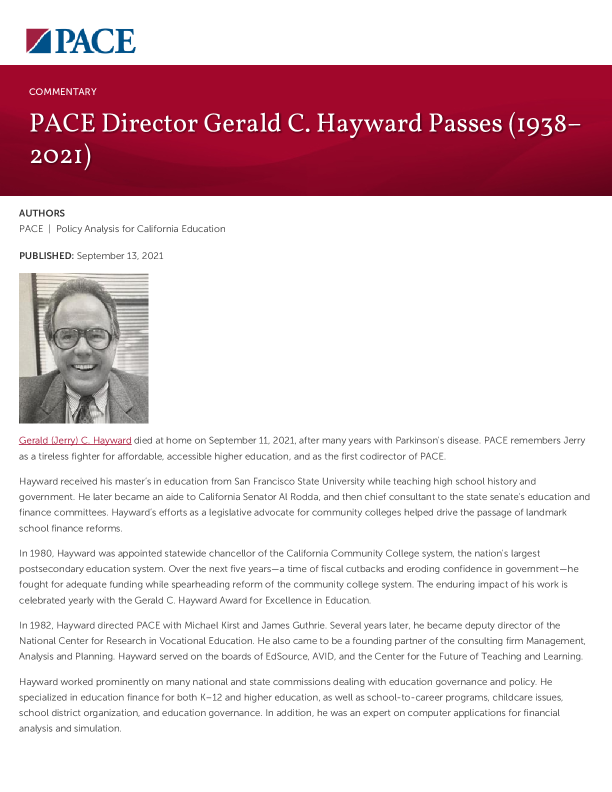 PACE Director Gerald C. Hayward Passes (1938–2021) PDF