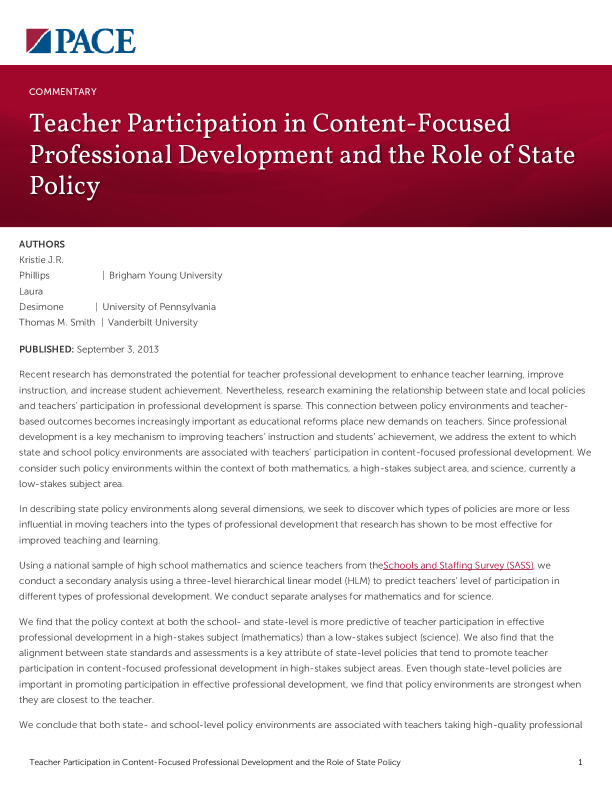 Teacher Participation in Content-Focused Professional Development and the Role of State Policy PDF