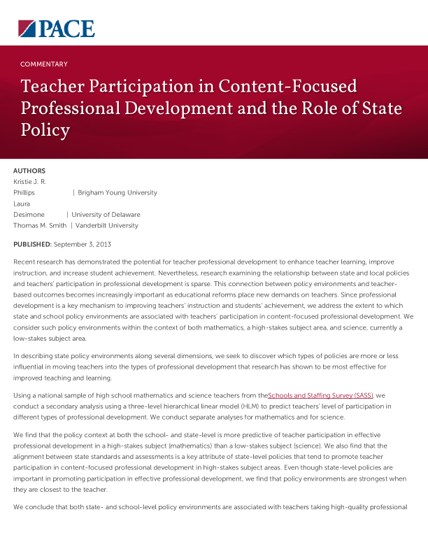 Teacher Participation in Content-Focused Professional Development and the Role of State Policy PDF