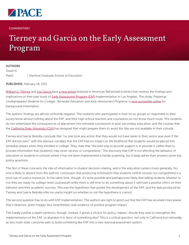 Tierney and García on the Early Assessment Program PDF