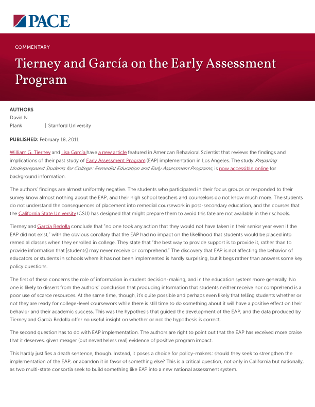 Tierney and García on the Early Assessment Program PDF