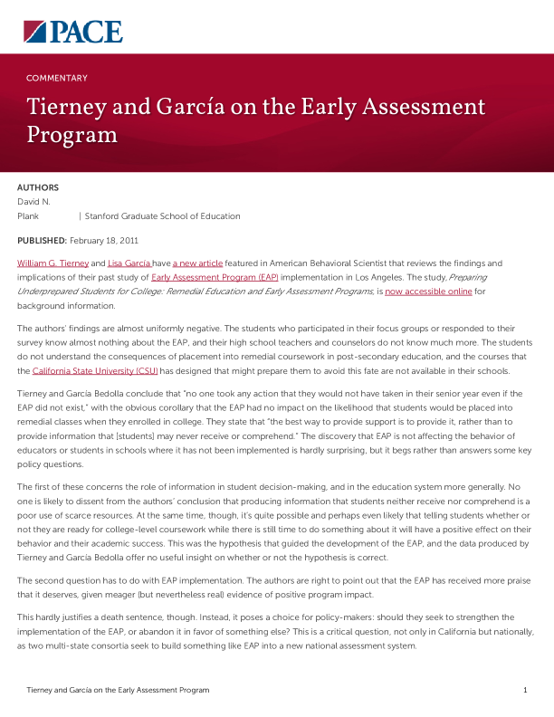 Tierney and García on the Early Assessment Program PDF