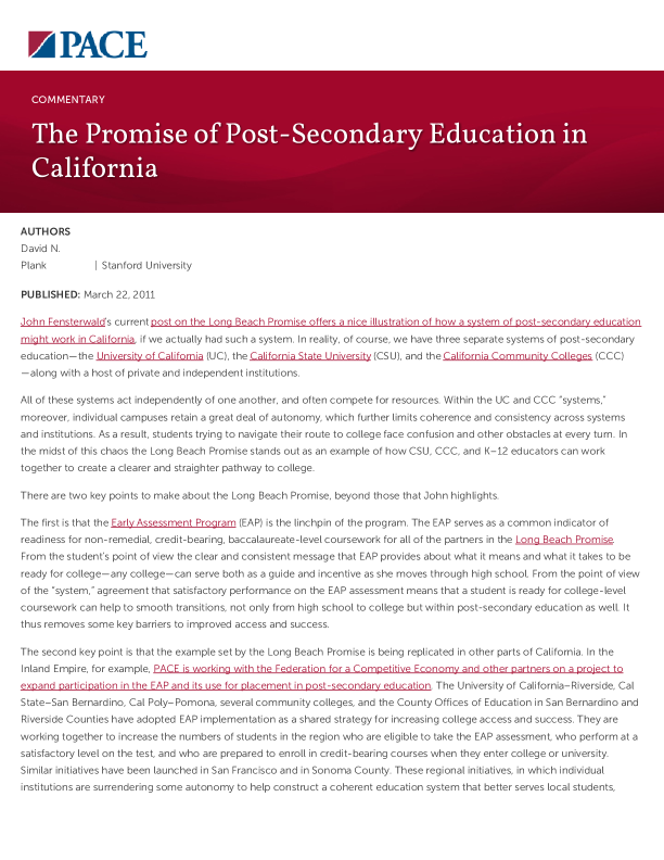 The Promise of Post-Secondary Education in California PDF