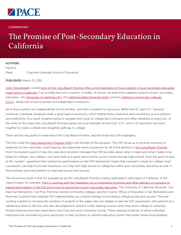 The Promise of Post-Secondary Education in California PDF