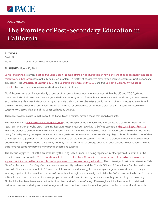 The Promise of Post-Secondary Education in California PDF