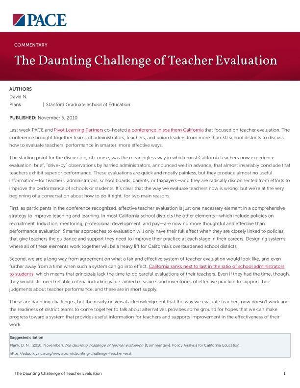 The Daunting Challenge of Teacher Evaluation PDF