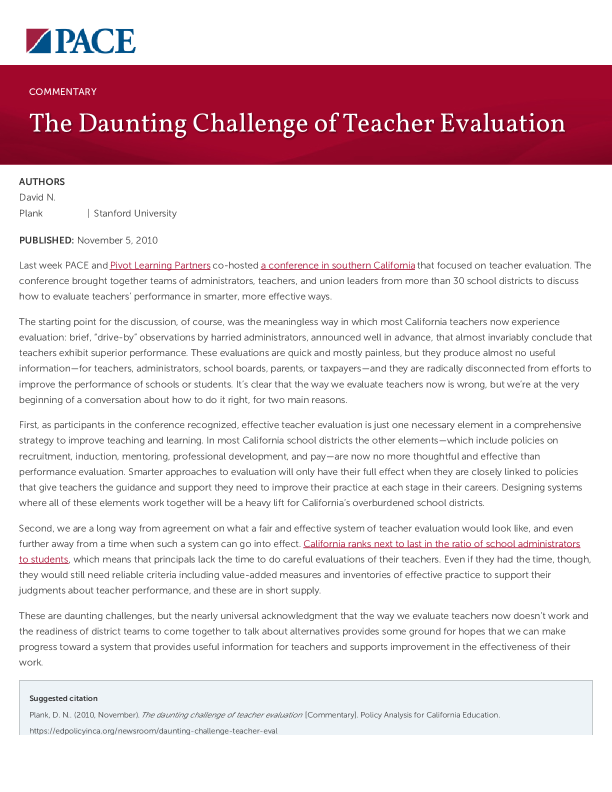 The Daunting Challenge of Teacher Evaluation PDF