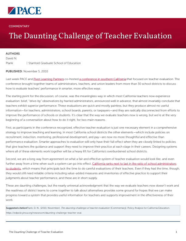The Daunting Challenge of Teacher Evaluation PDF