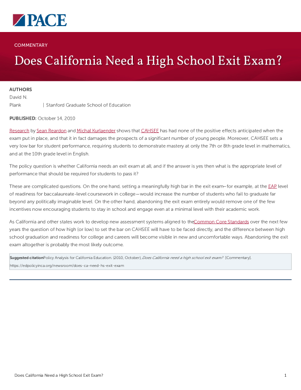 Does California Need a High School Exit Exam? PDF