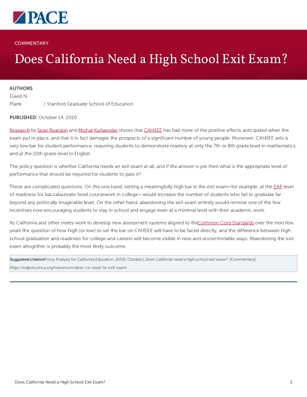 Does California Need a High School Exit Exam? PDF