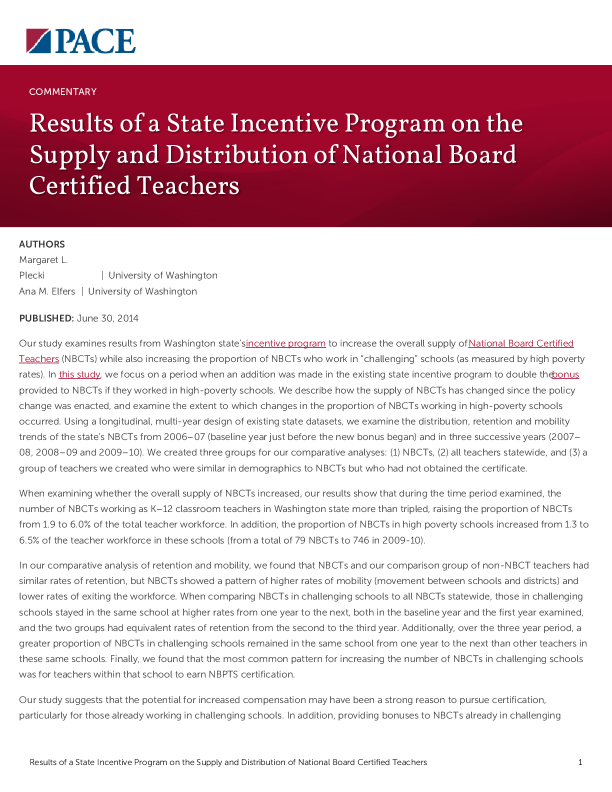 Results of a State Incentive Program on the Supply and Distribution of National Board Certified Teachers PDF