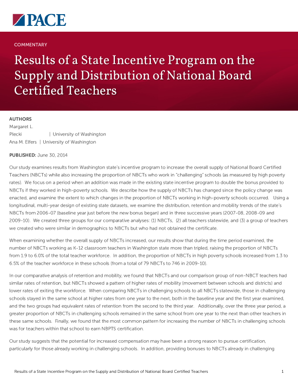 Results of a State Incentive Program on the Supply and Distribution of National Board Certified Teachers PDF
