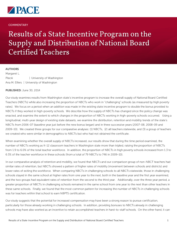 Results of a State Incentive Program on the Supply and Distribution of National Board Certified Teachers PDF