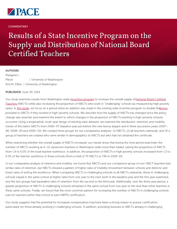 Results of a State Incentive Program on the Supply and Distribution of National Board Certified Teachers PDF