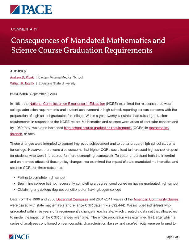 Consequences of Mandated Mathematics and Science Course Graduation Requirements PDF