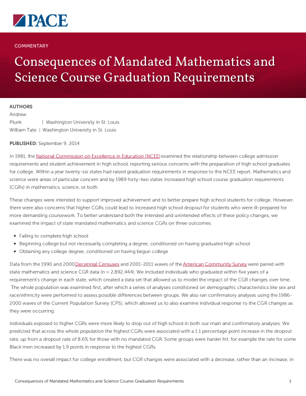 Consequences of Mandated Mathematics and Science Course Graduation Requirements PDF