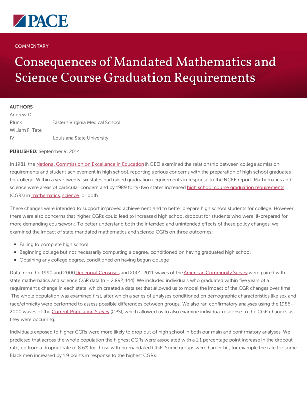 Consequences of Mandated Mathematics and Science Course Graduation Requirements PDF
