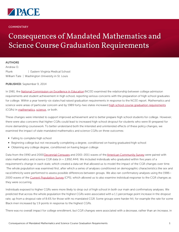 Consequences of Mandated Mathematics and Science Course Graduation Requirements PDF