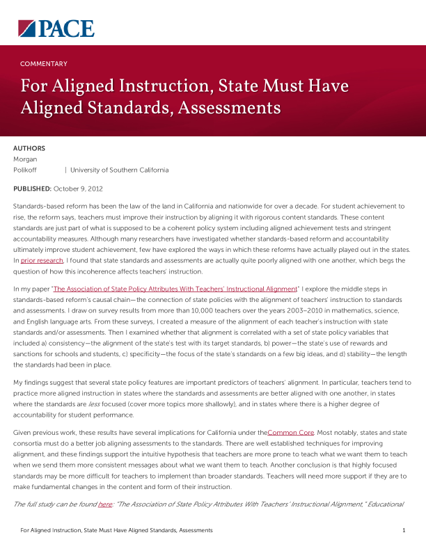 For Aligned Instruction, State Must Have Aligned Standards, Assessments PDF