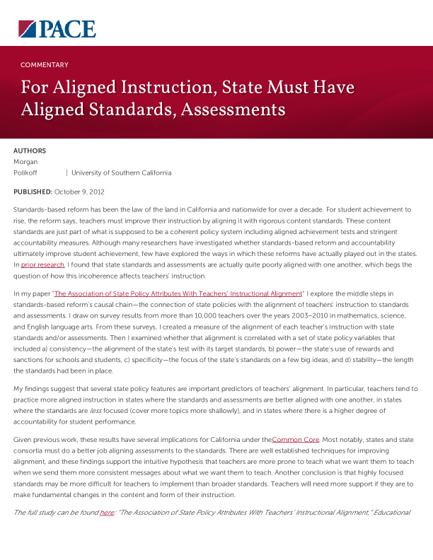For Aligned Instruction, State Must Have Aligned Standards, Assessments PDF