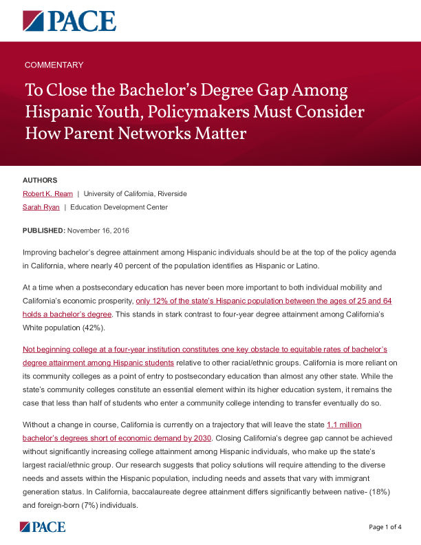 To Close the Bachelor’s Degree Gap Among Hispanic Youth, Policymakers Must Consider How Parent Networks Matter PDF
