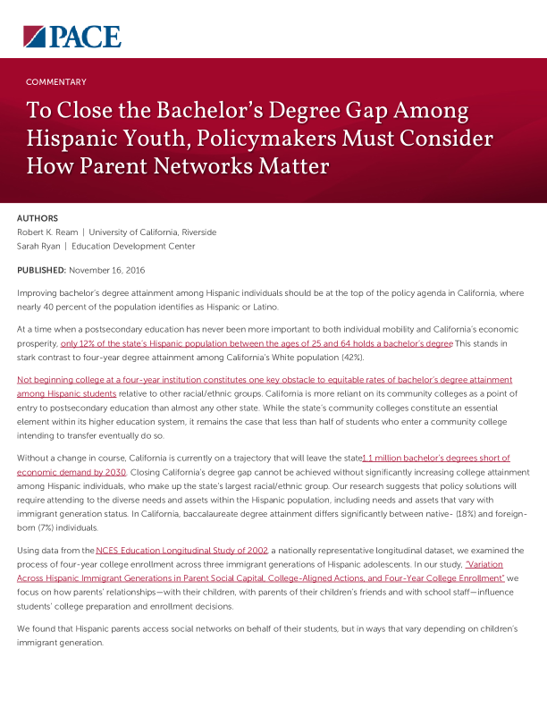To Close the Bachelor’s Degree Gap Among Hispanic Youth, Policymakers Must Consider How Parent Networks Matter PDF