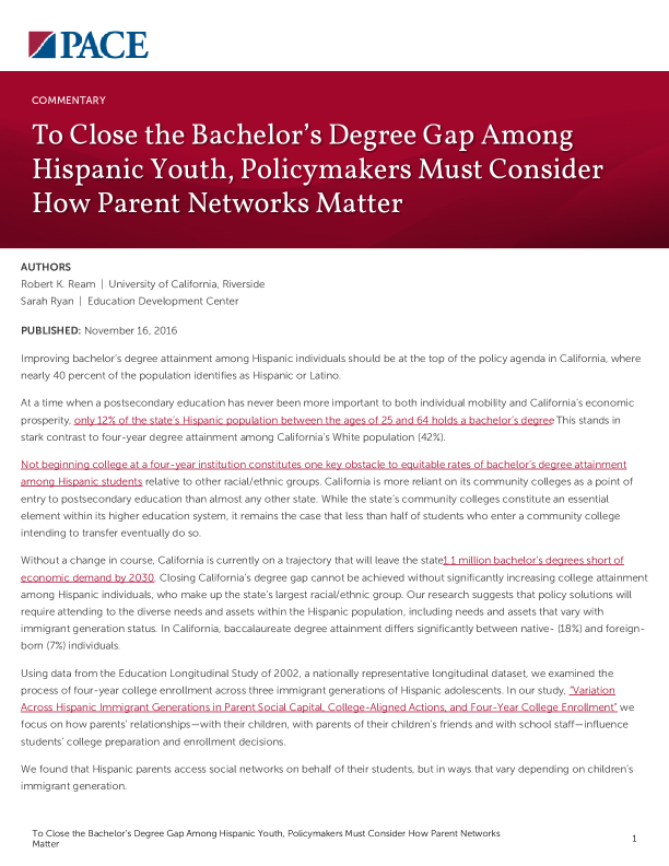 To Close the Bachelor’s Degree Gap Among Hispanic Youth, Policymakers Must Consider How Parent Networks Matter PDF