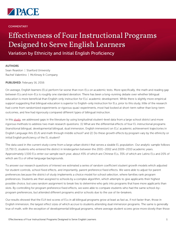 Effectiveness of Four Instructional Programs Designed to Serve English Learners PDF