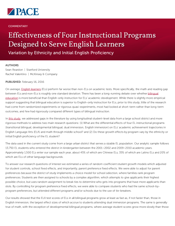 Effectiveness of Four Instructional Programs Designed to Serve English Learners PDF