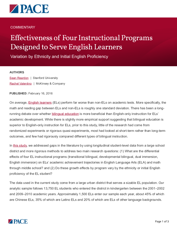 Effectiveness of Four Instructional Programs Designed to Serve English Learners PDF