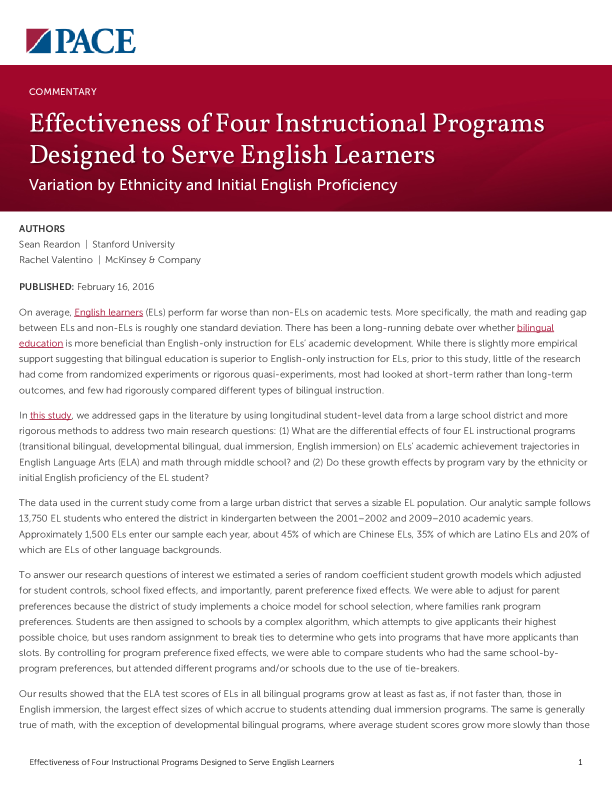 Effectiveness of Four Instructional Programs Designed to Serve English Learners PDF