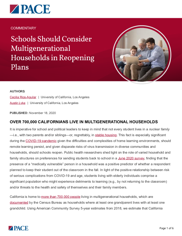 Schools Should Consider Multigenerational Households in Reopening Plans  PDF