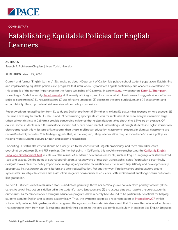 Establishing Equitable Policies for English Learners PDF