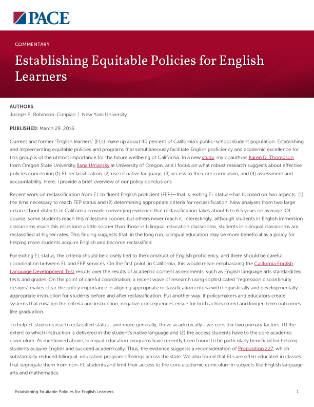 Establishing Equitable Policies for English Learners PDF