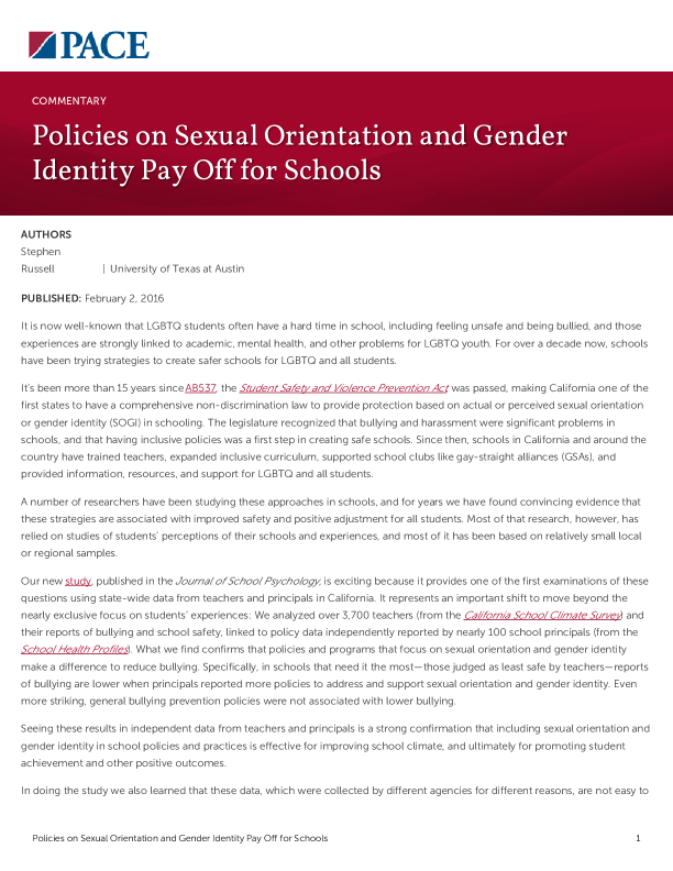Policies on Sexual Orientation and Gender Identity Pay Off for Schools PDF