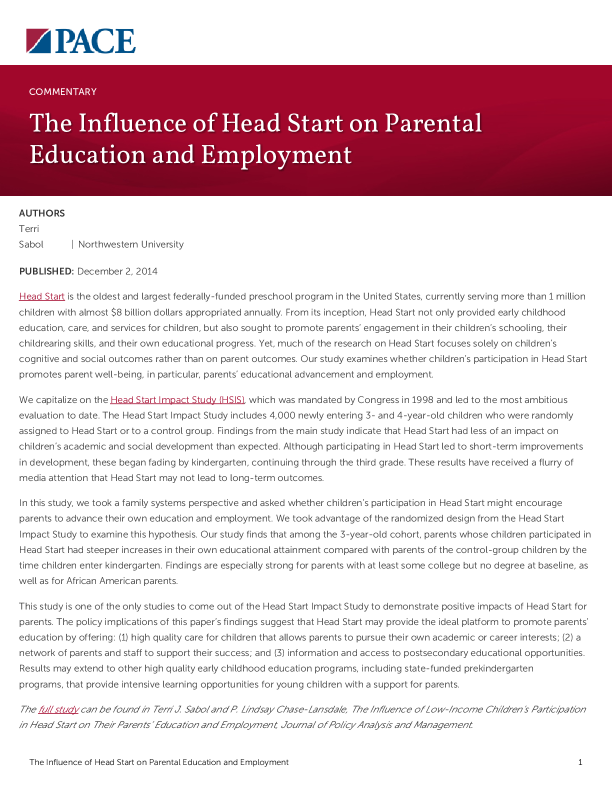 The Influence of Head Start on Parental Education and Employment PDF