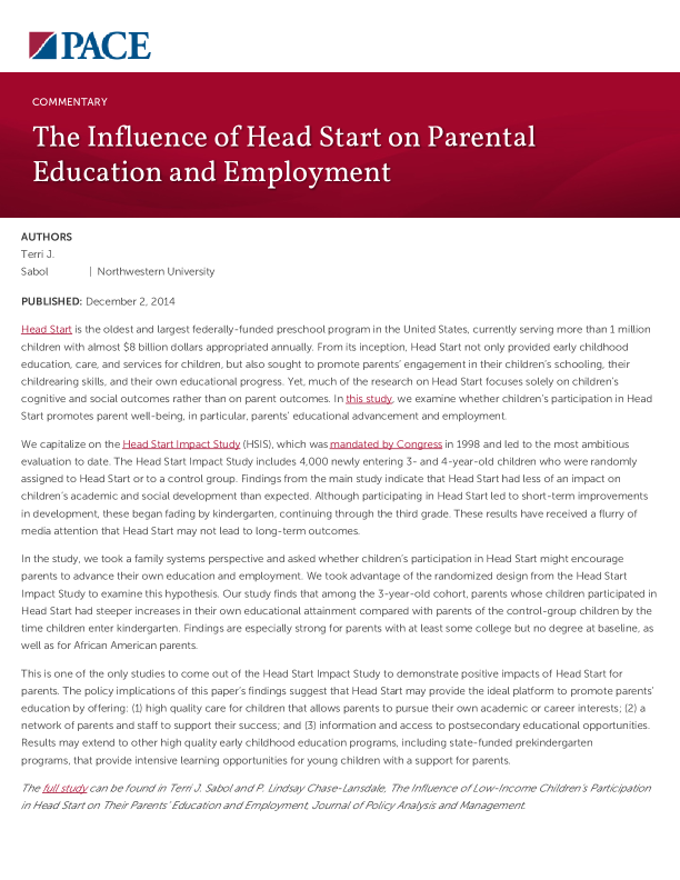 The Influence of Head Start on Parental Education and Employment PDF